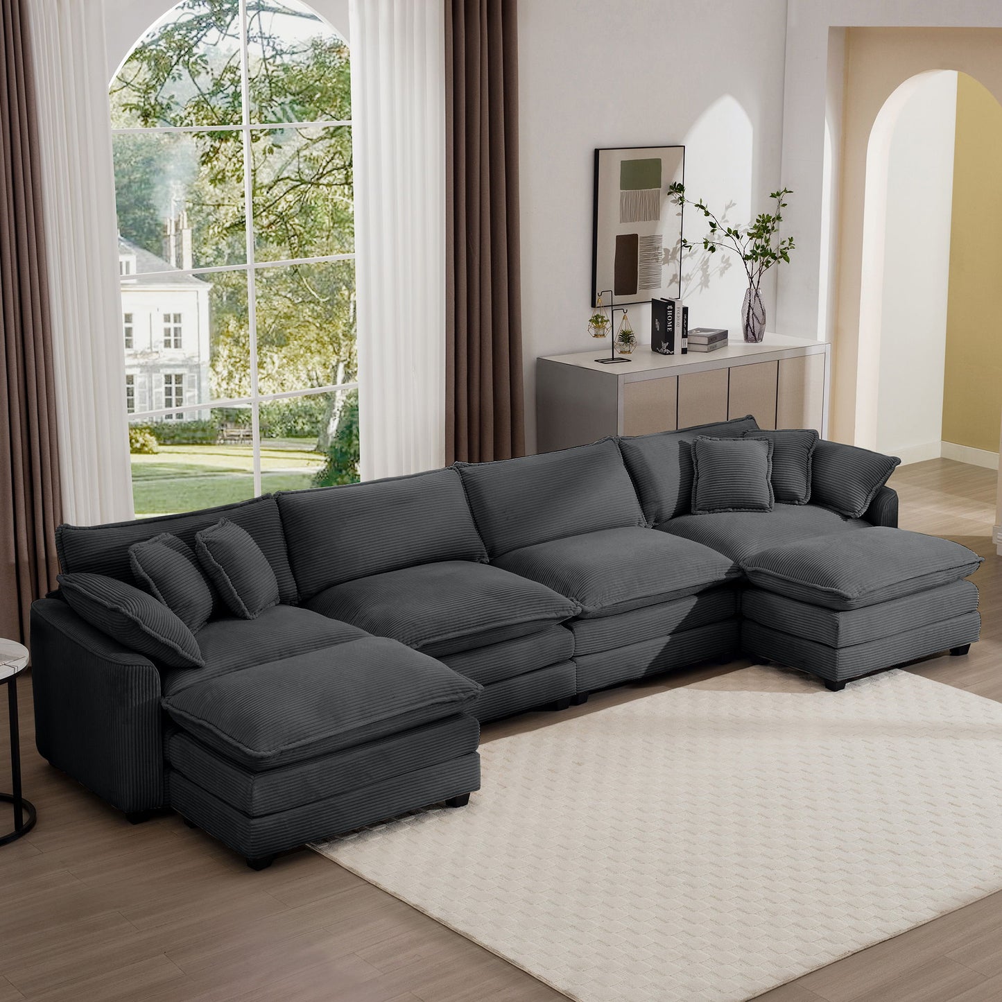 Modern Oversized Modular Cushion Sofa With Ottoman, Low Back, Deep Seating Sofa Set