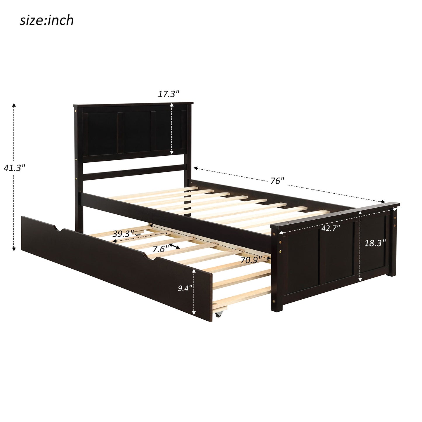 Platform Bed With Twin Trundle, Twin Size - Espresso