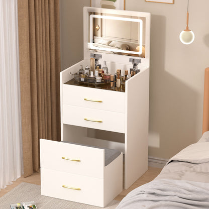 Compact 3 In 1 Vanity Desk With Open Top Mirror, Glass Desktop, 5 Height - White