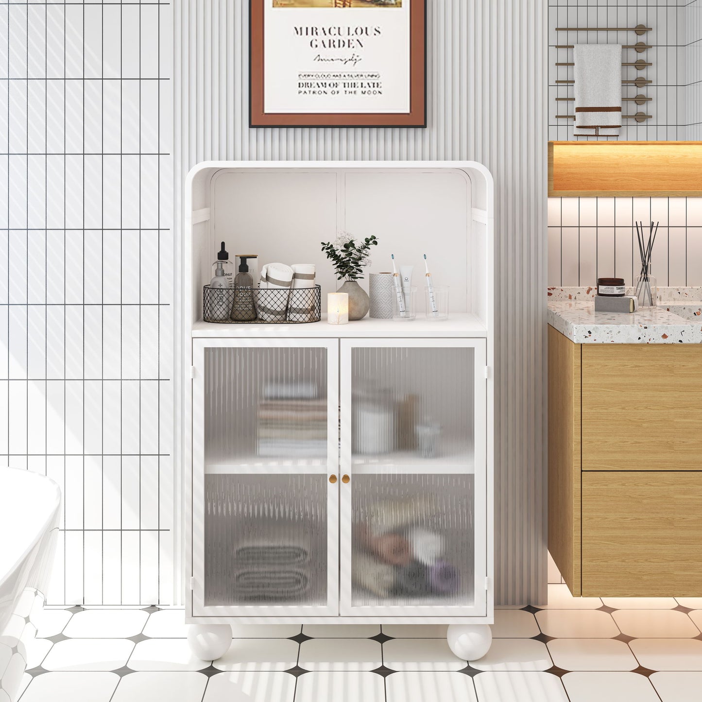 Storage Cabinet With Shelves And Glass Door, Freestanding Organizer For Bathroom - White