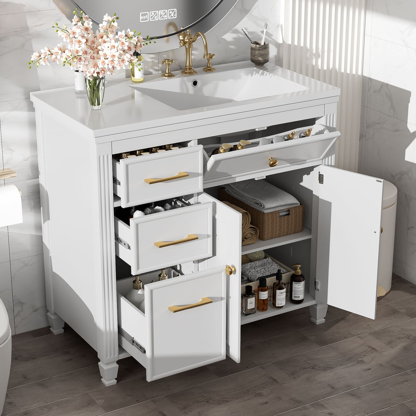 Modern Bathroom Vanity With Ceramic Sink, Freestanding, One Tip Out Drawer, 3 Side Drawers, Adjustable Shelf