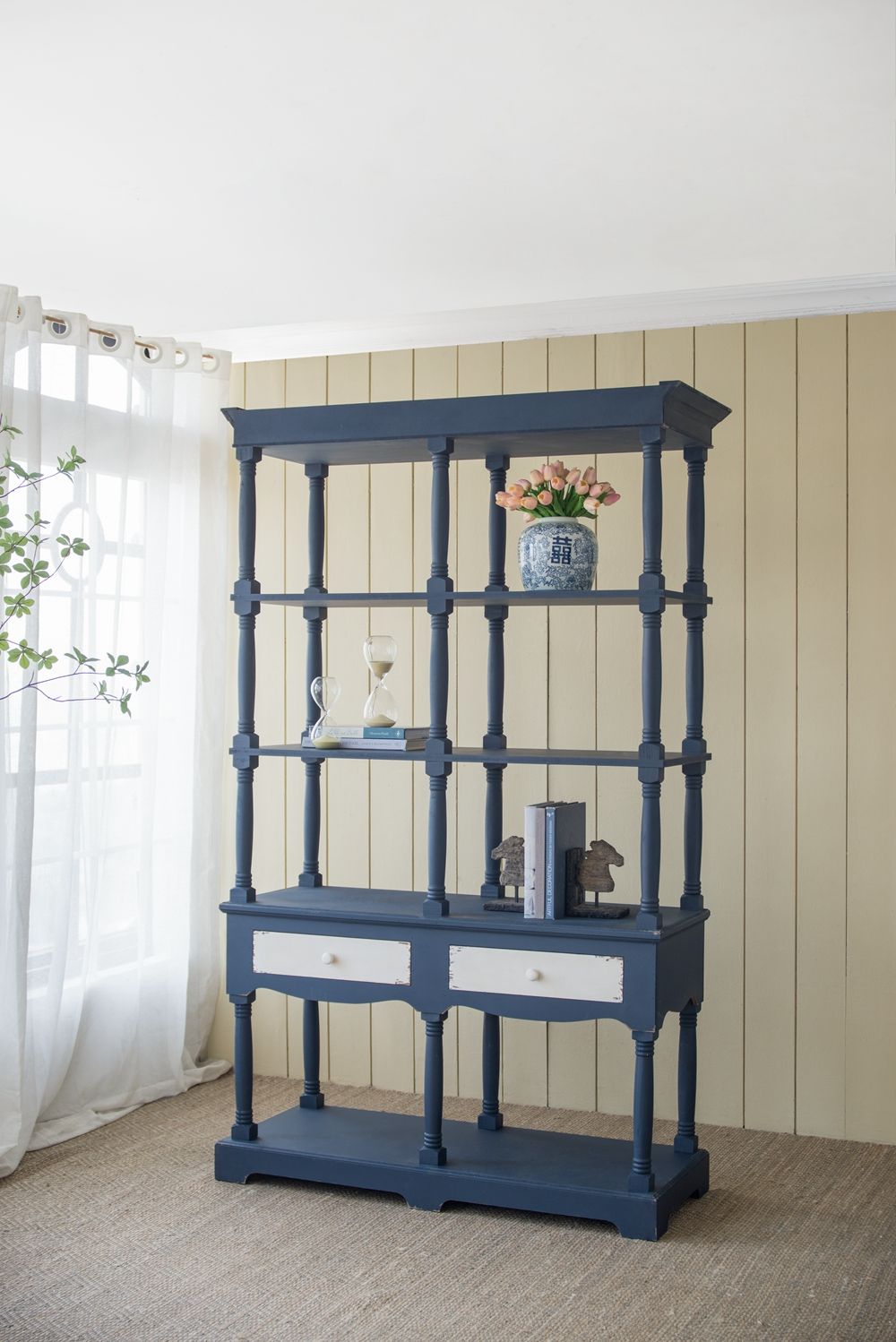 4 Tiered Wooden Shelf With Two Drawers, Farmhouse Wood Bookcase Display Storage Shelf Etageres - Antique Navy Blue