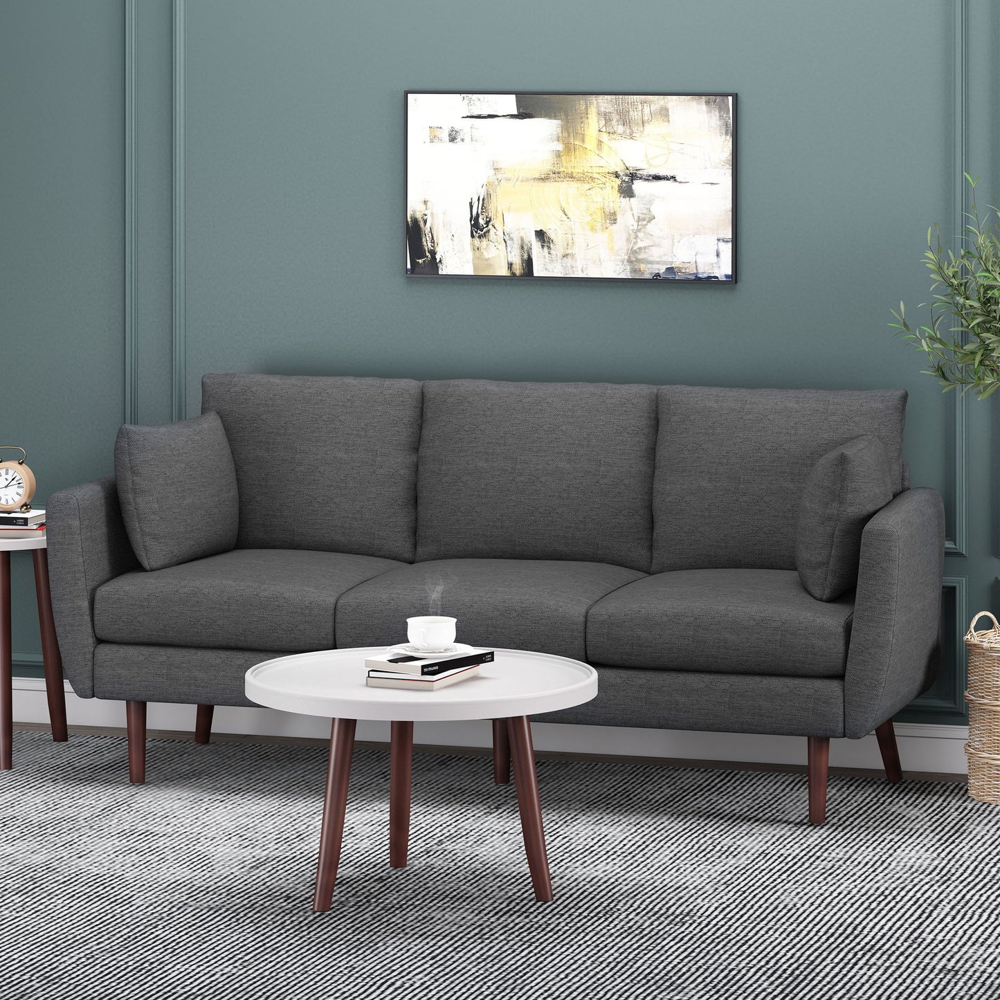Diaphanous - Upholstered 3 Seater Sofa With 2 Accent Pillows And Wood Legs