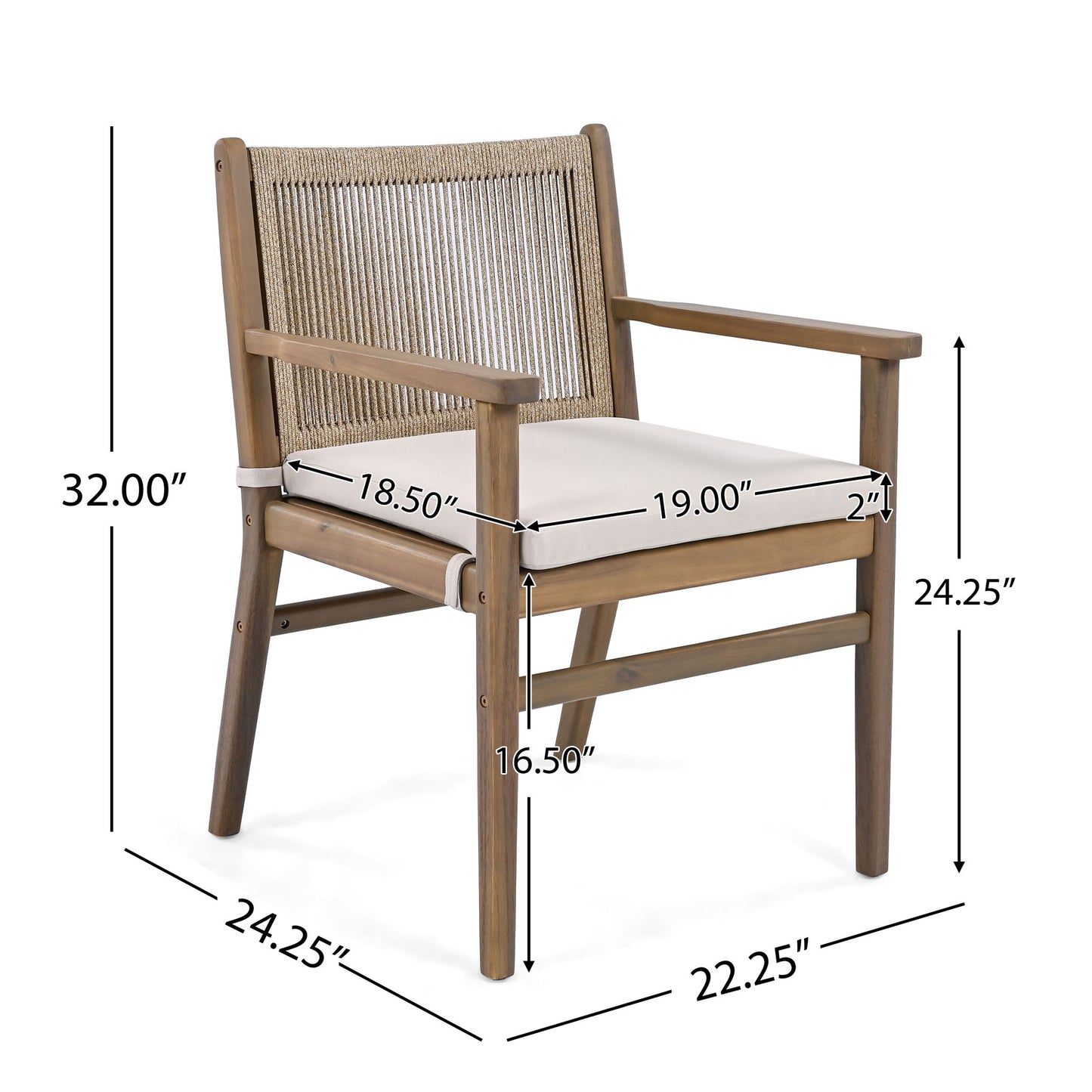 Outdoor Dining Chairs, Patio Armchair With Rope Design Back (Set of 2) - Light Brown