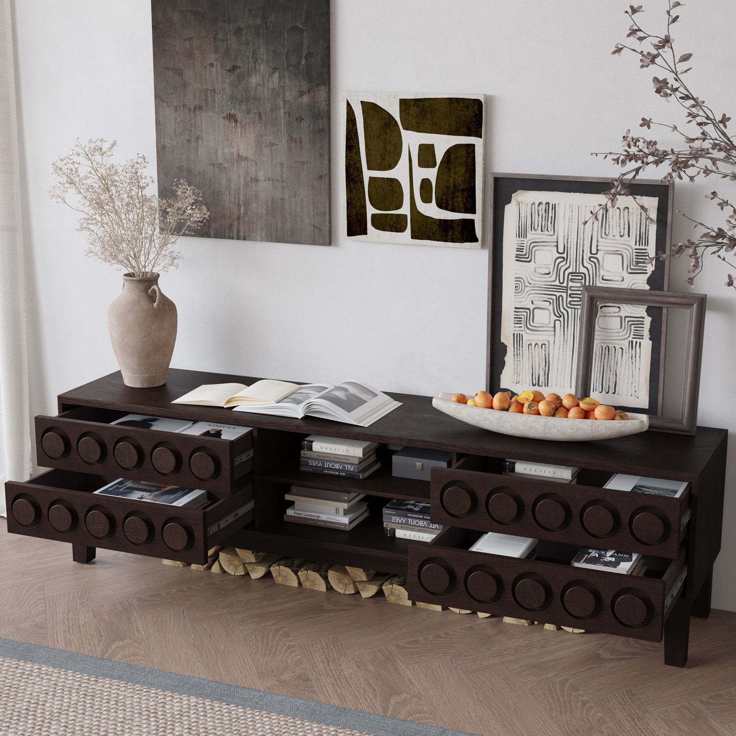 Media Console With 4 Drawers And Cable Management