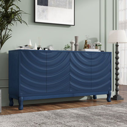 Elegant Sideboard With Sophisticated Wavy Pattern Doors And Arched Groove Design, Adjustable 4 Door Layout