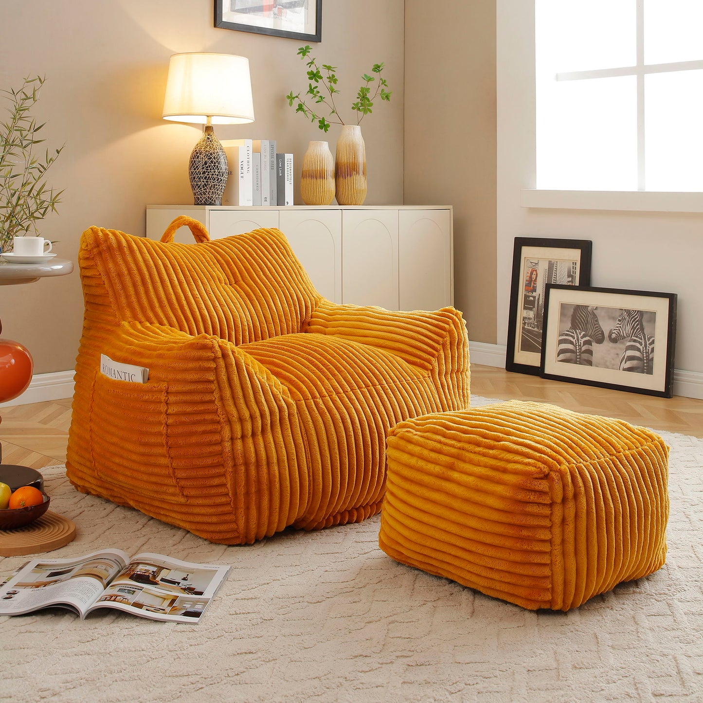 Giant Plush Bean Bag Chair With Armrests And Footstool