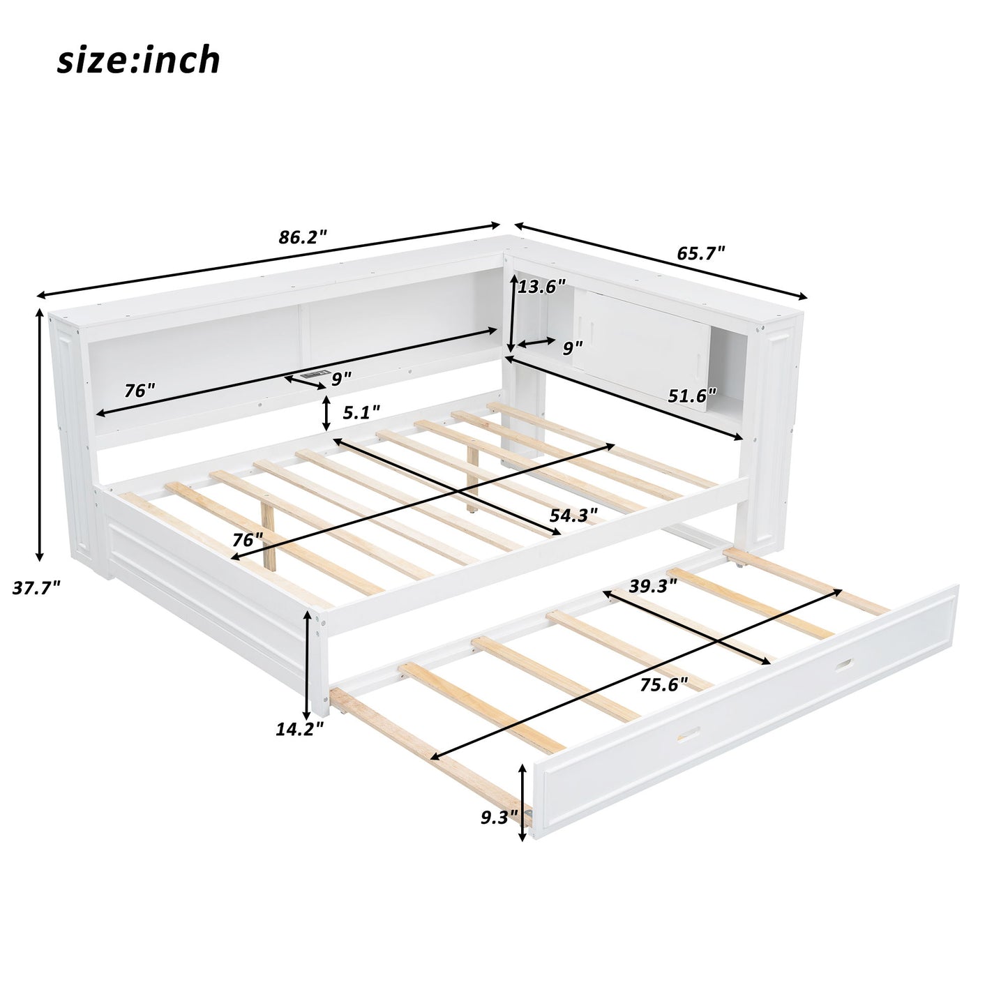 Daybed With Storage Shelves, LED, USB, And Trundle