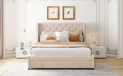 Storage Bed Velvet Upholstered Platform Bed With Wingback Headboard And A Big Drawer