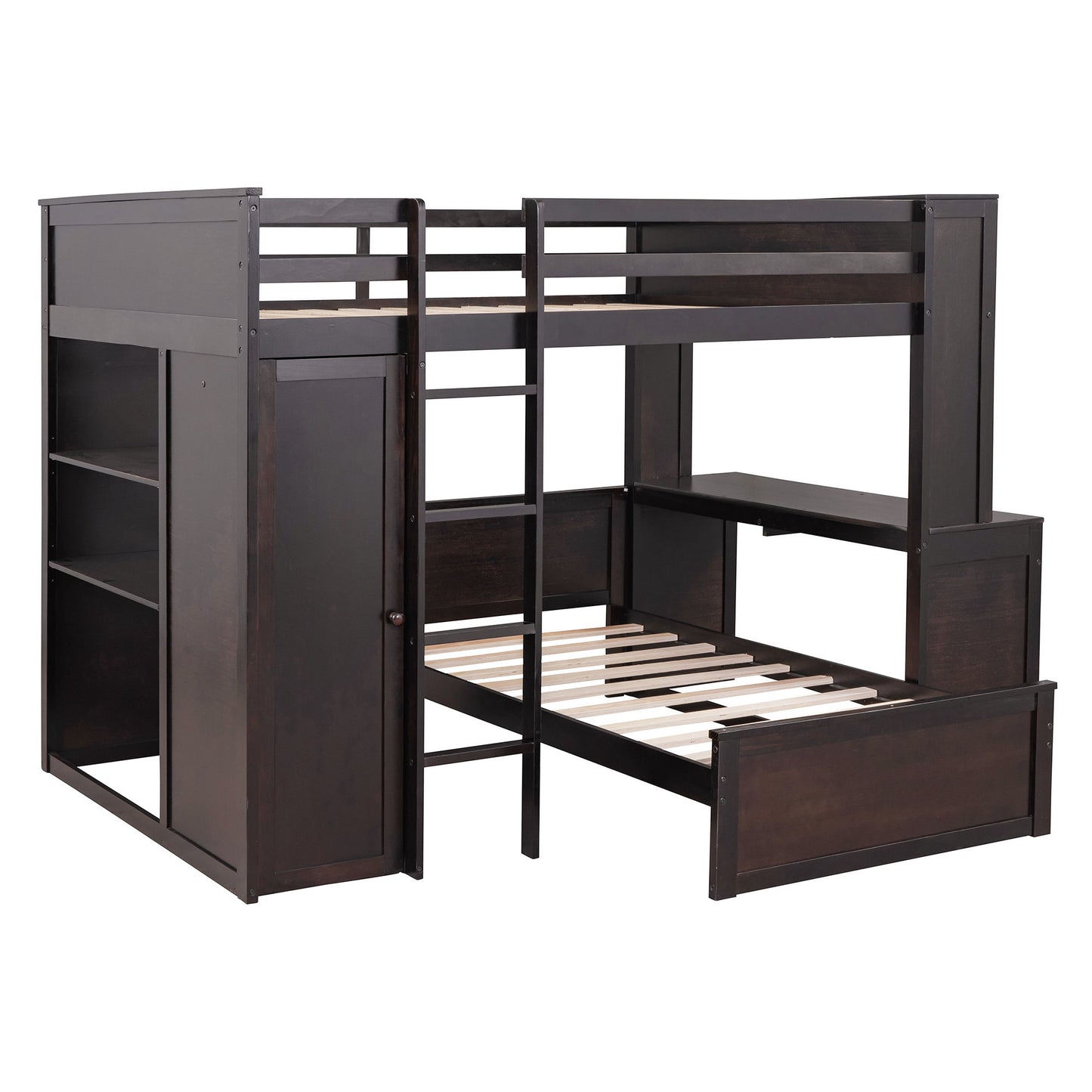 Loft Bed With A Twin Size Standalone Bed, Shelves, Desk, And Wardrobe