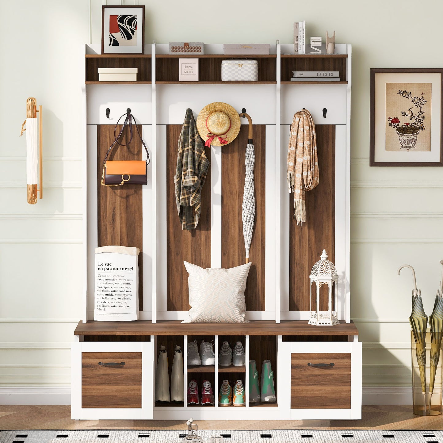 5 In 1 Entryway Bench With Coat Rack, 7 Sturdy Hooks, 2 Spacious Drawers And Adjustable Shelves