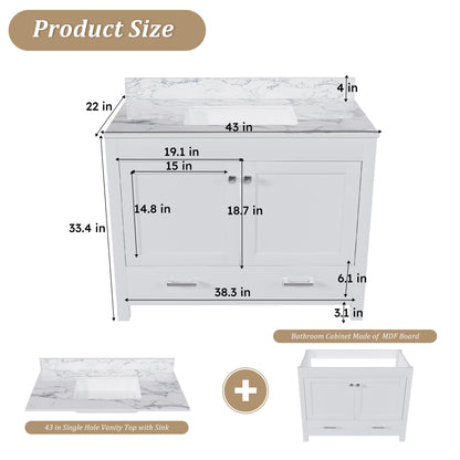 43" Bathroom Vanity, Multi Functional Cabinet - White