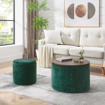 Classic 2 Piece Round Storage Ottoman Set With Drum Shaped Stool