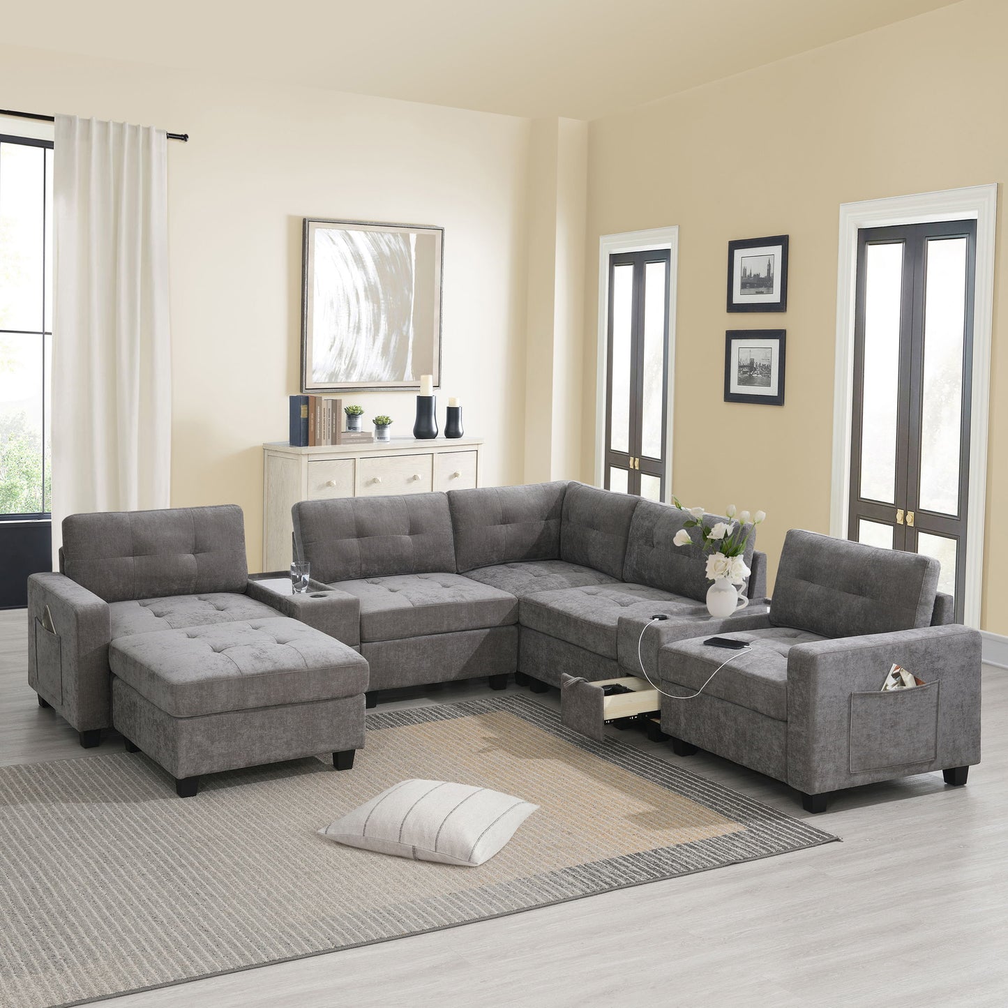 Sectional With Acrylic Table Top U Shaped Couch Set With 2 Consoles USB Charger, Storage Drawers And Pockets Movable Ottoman Tufted Sofa