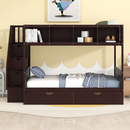 Bunk Bed With Shelfs, Storage Staircase And 2 Drawers