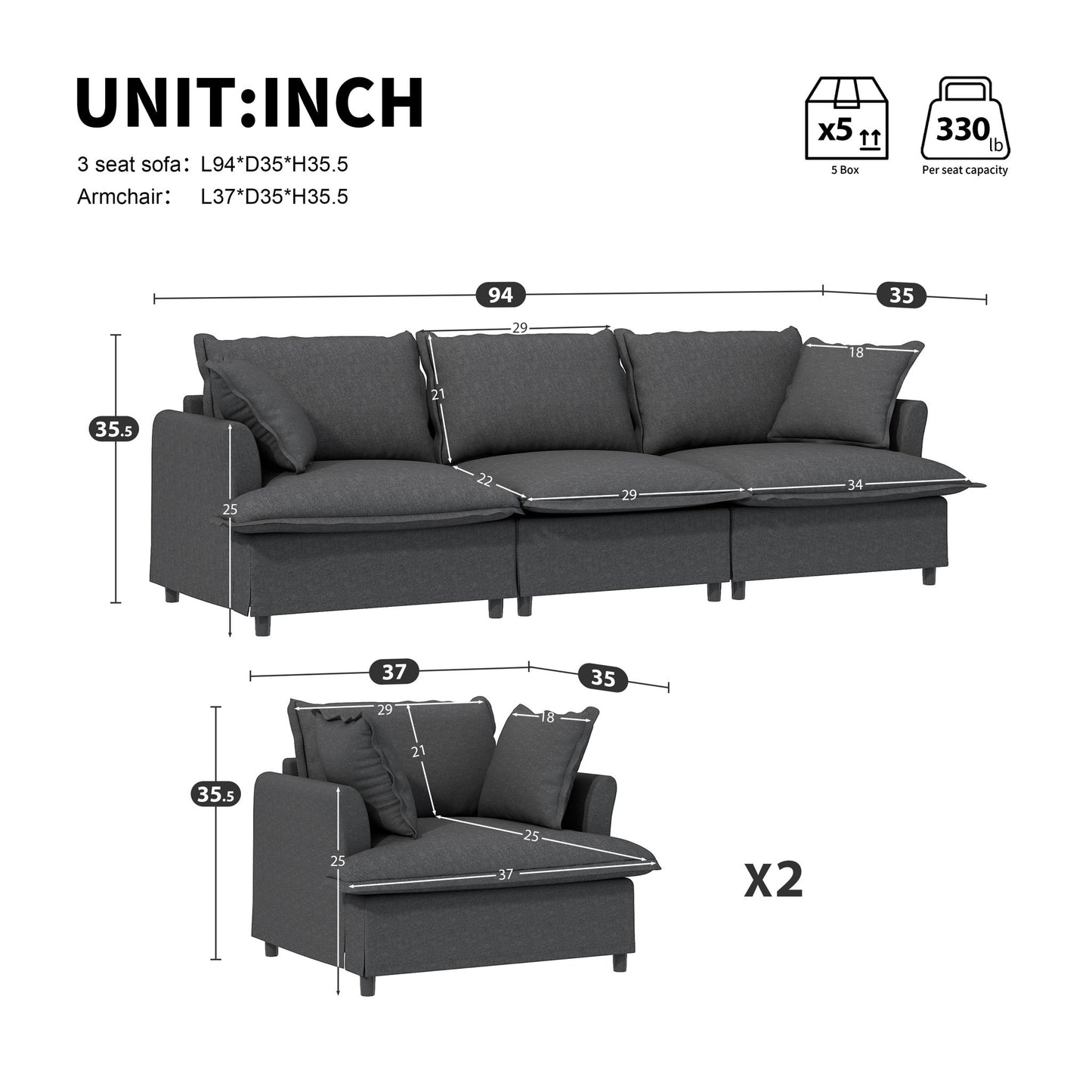 Living Room Set Modular Sectional Couch, Upholstered Sofa & Armchair & Movable Ottoman