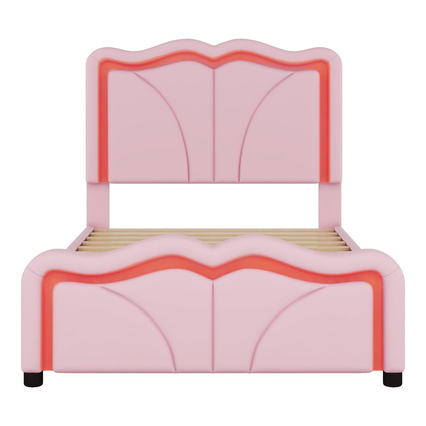 Upholstered Platform Bed & Curve Shaped And Height Adjustable Headboard, LED Light Strips