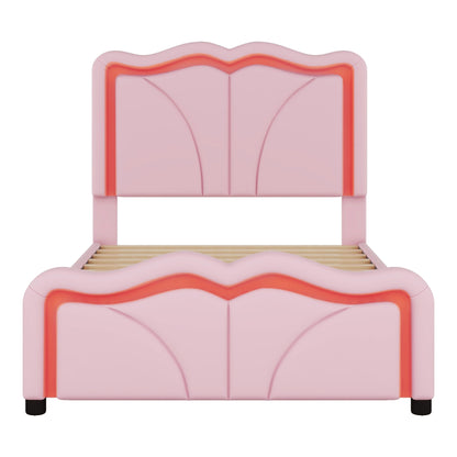 Upholstered Platform Bed & Curve Shaped And Height Adjustable Headboard, LED Light Strips