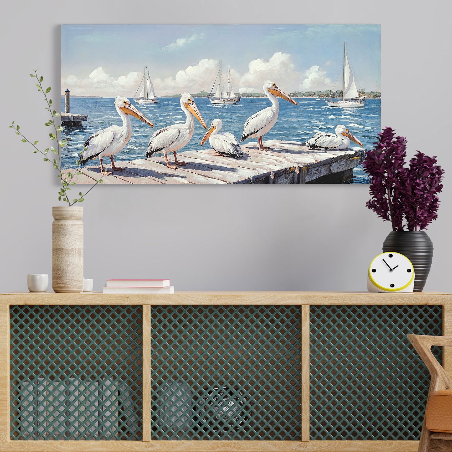 Beach Wall Art Large Ocean Seagull Canvas Pictures For Living Room - Ivory / Navy