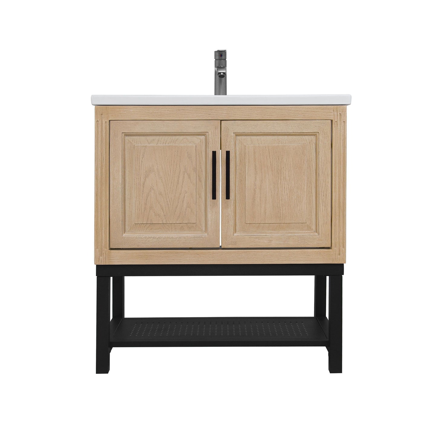 Modern Freestanding Bathroom Vanity With Ceramic Sink, Hot And Cold Faucet, Storage Cabinet & Open Shelf