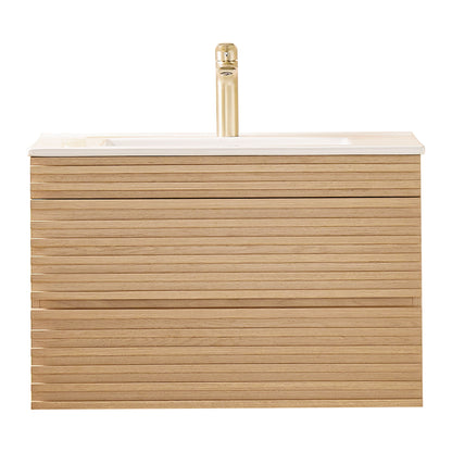 Wall Mounted & Floating Single Vanity With Ceramic Sink - Natural Walnut