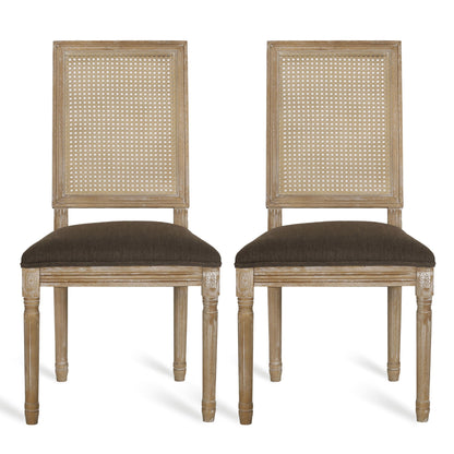 French Country Dining Chair With Rectangular Cane Backrest And Smooth Upholstered Seating