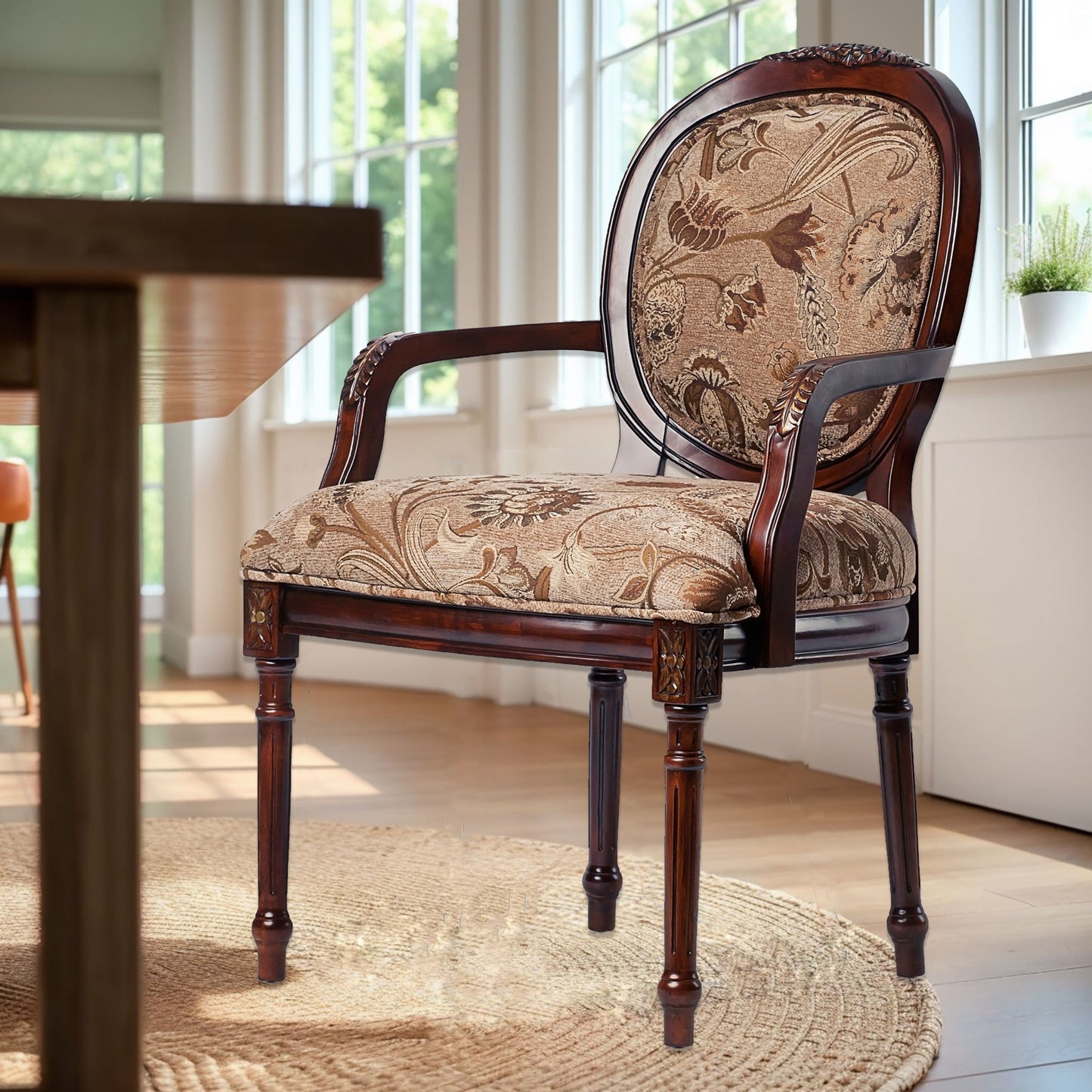 Bernice - Traditional Oval Back Chair With Floral Carvings - Brown / Beige Gray