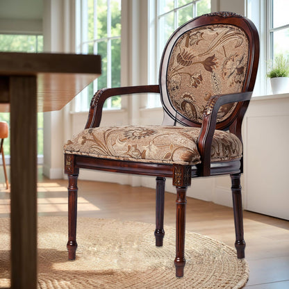 Bernice - Traditional Oval Back Chair With Floral Carvings - Brown / Beige Gray