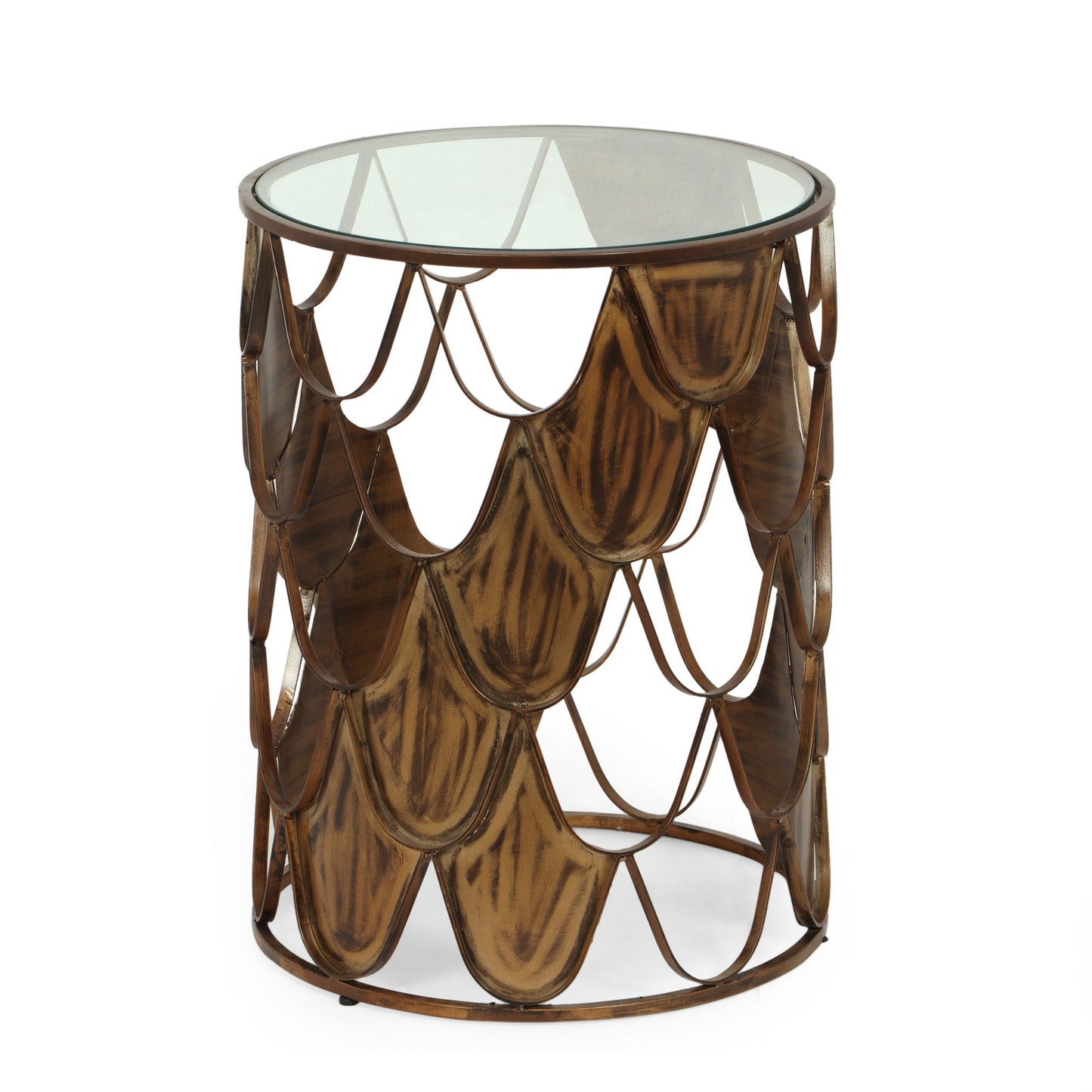 Boho Glam Pino Side Table With Fish Scale Design Tempered Glass Top - Brown