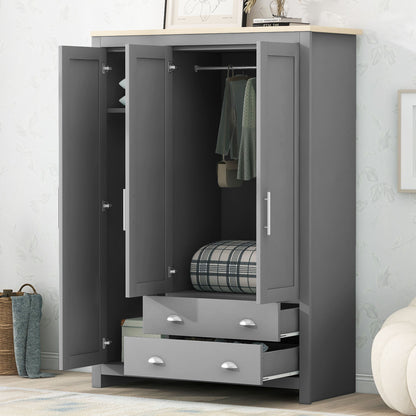 3 Door Storage Wardrobe With Cabinets And 2 Hanging Rods - Gray