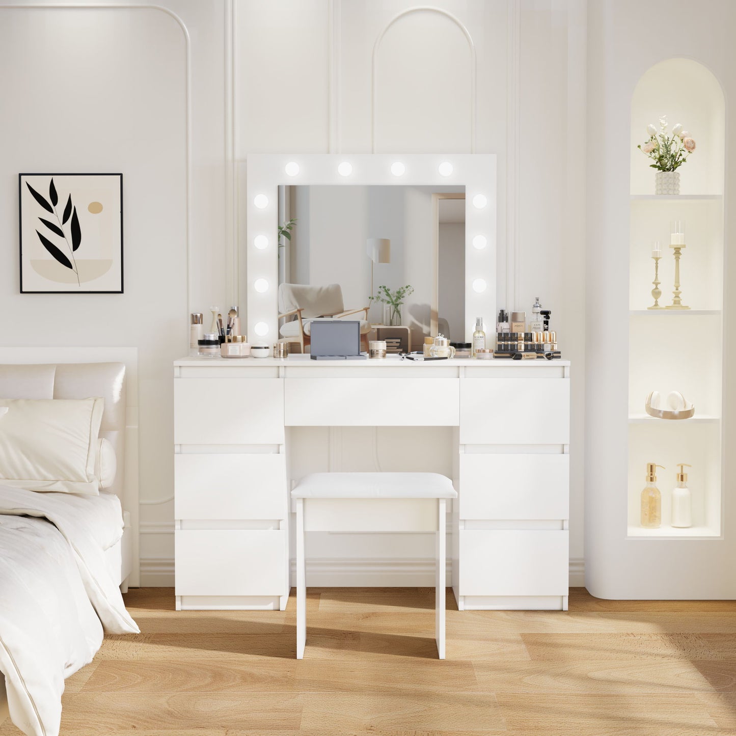 Large Vanity Tables With Mirror And Light - Matte White