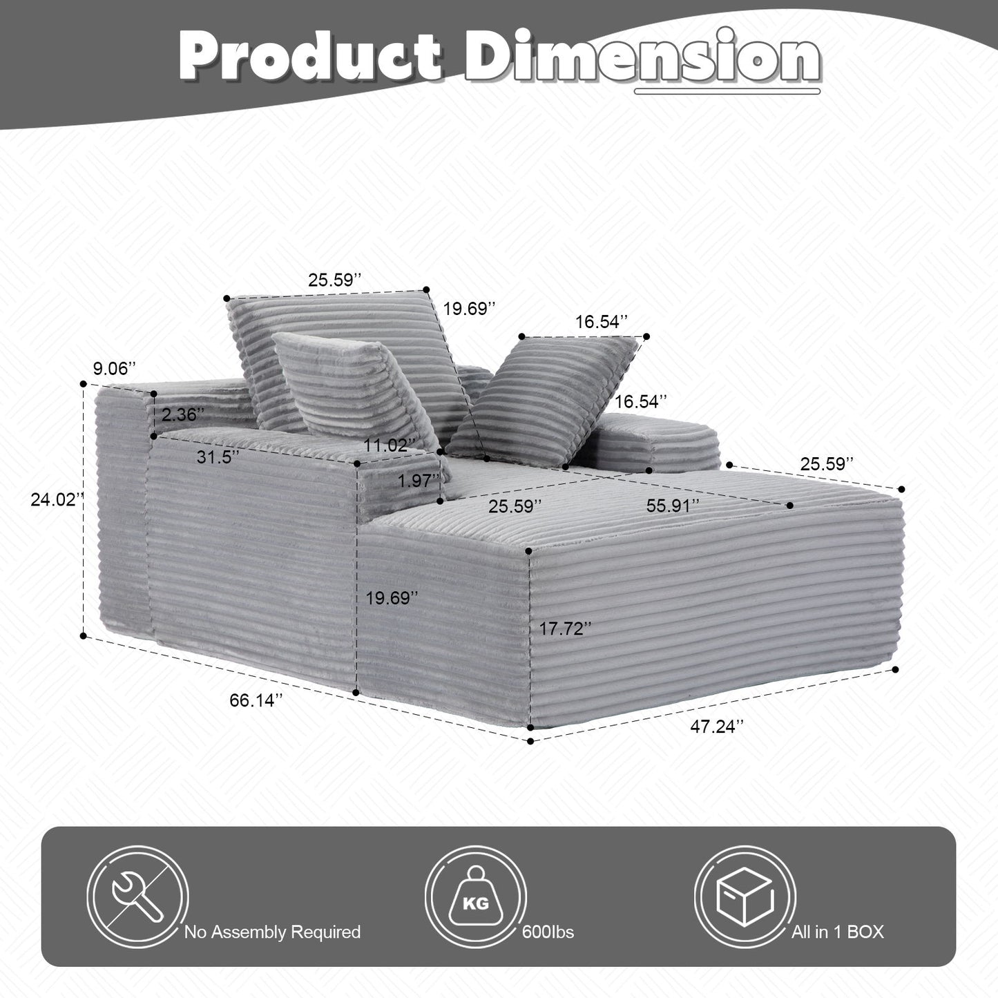 Oversized Chaise Lounge Chair Cozy Cloud Couch With 3 Throw Pillows And Wide Armrest