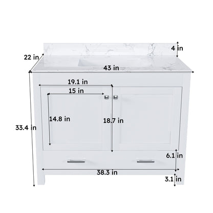 43" Bathroom Vanity With Artificial Marble Carrara Top Set, Multi Functional Cabinet With Doors And Drawer - White