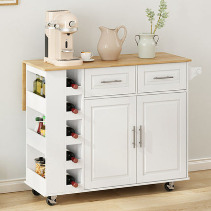 Kitchen Island Cart With 2 Door Cabinet, 2 Drawers, Spice Rack, Towel Holder, Wine Rack, And Foldable Top - White