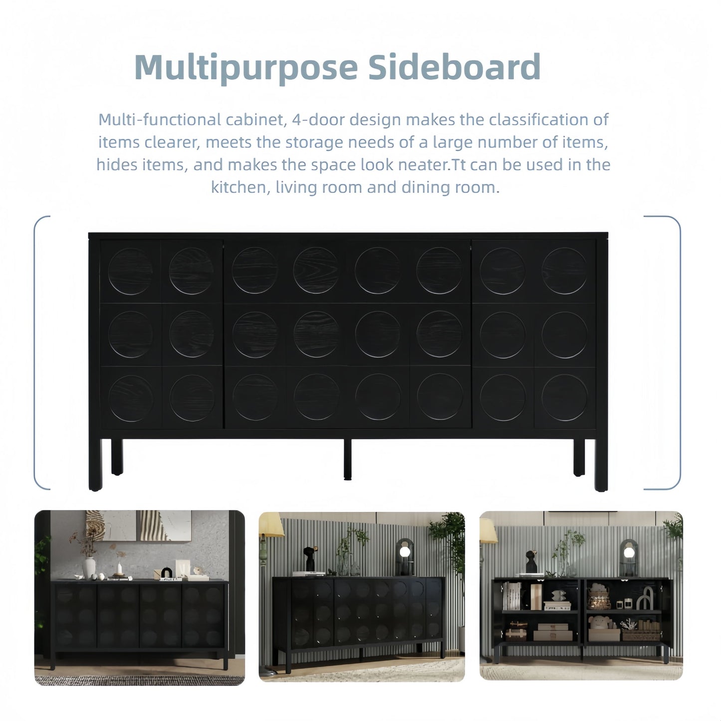 Stylish Storage Cabinet Sideboard With Unique Geometric Circle Door Design - Black