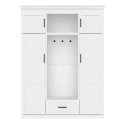 Hall Tree With Bench And 3 Hooks, Modern Entryway Storage Organizer Cabinet With 4 Doors, 1 Drawer And Adjustable Shelves