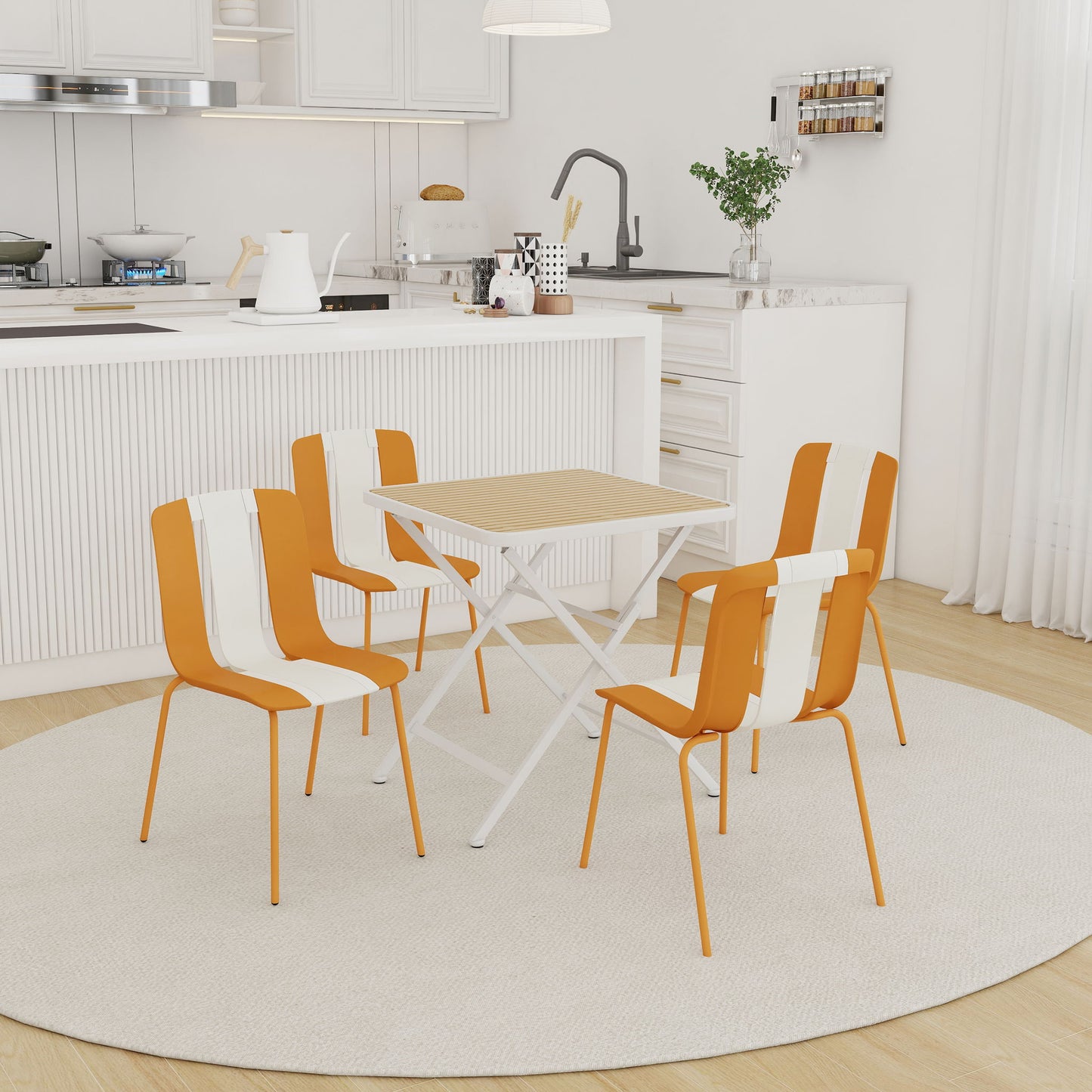 4 Piece Set Of Modern Striped Single Chairs With Folding Square Table