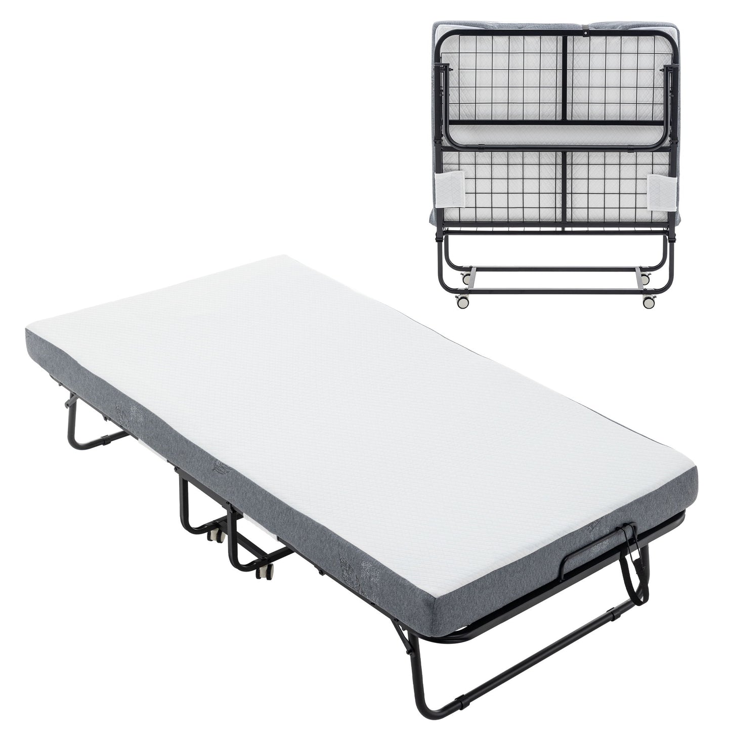Foldable Metal Frame Bed For Guest With Memory Foam Mattress On Wheels, Saving Space Rollaway Bed