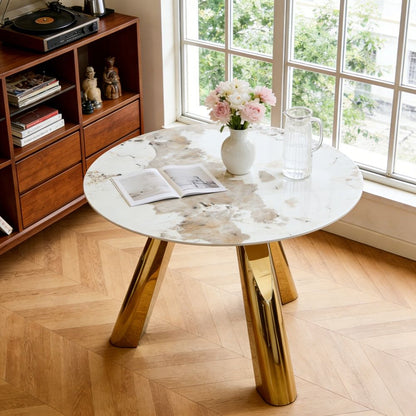 Marble Grained Stone Round Table Three - Legged Round Table With Stainless Steel Plated Legs Natural Healthy And Environmentally Friendly Round Table