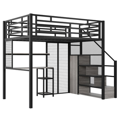 Metal Loft Bed With Wardrobe, Desk, Storage Shelves