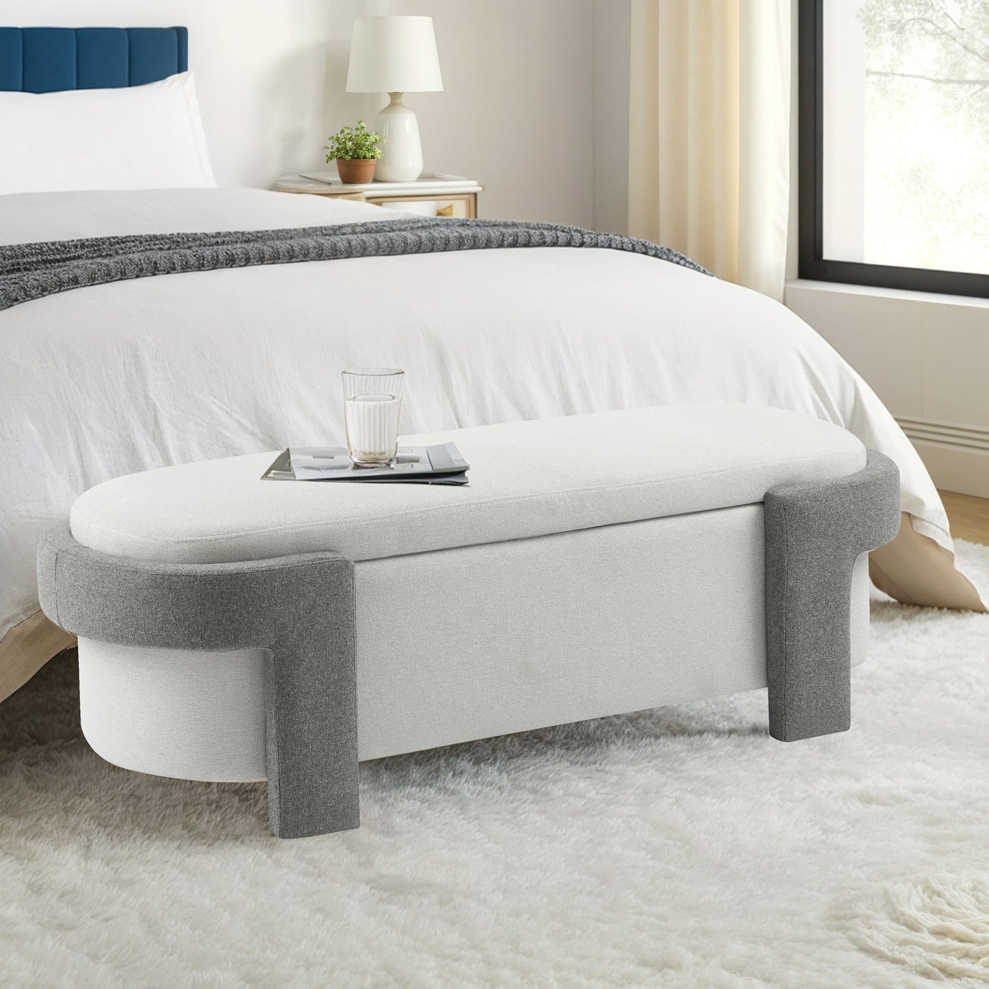 Large Versatile Storage Ottoman Bench: Spacious, Durable, Stylish - White / Light Gray