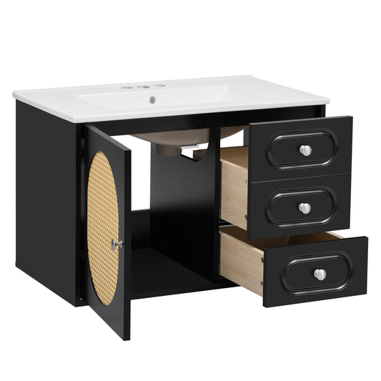 Bathroom Vanity Cabinet With Sink, 2 Drawers - Black