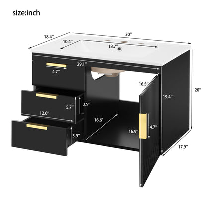 Modern Wall Mounted Bathroom Cabinet With Ceramic Sink, Soft-Closing Drawer And Door