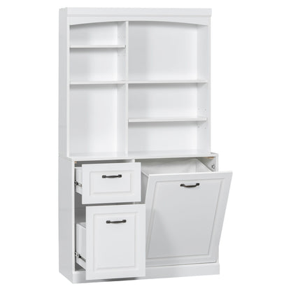 Bathroom Storage Cabinet With Tilt Out Hamper, Tall Free Standing Organizer With Drawers & Adjustable Shelves, Linen Tower With Steel Handles - White