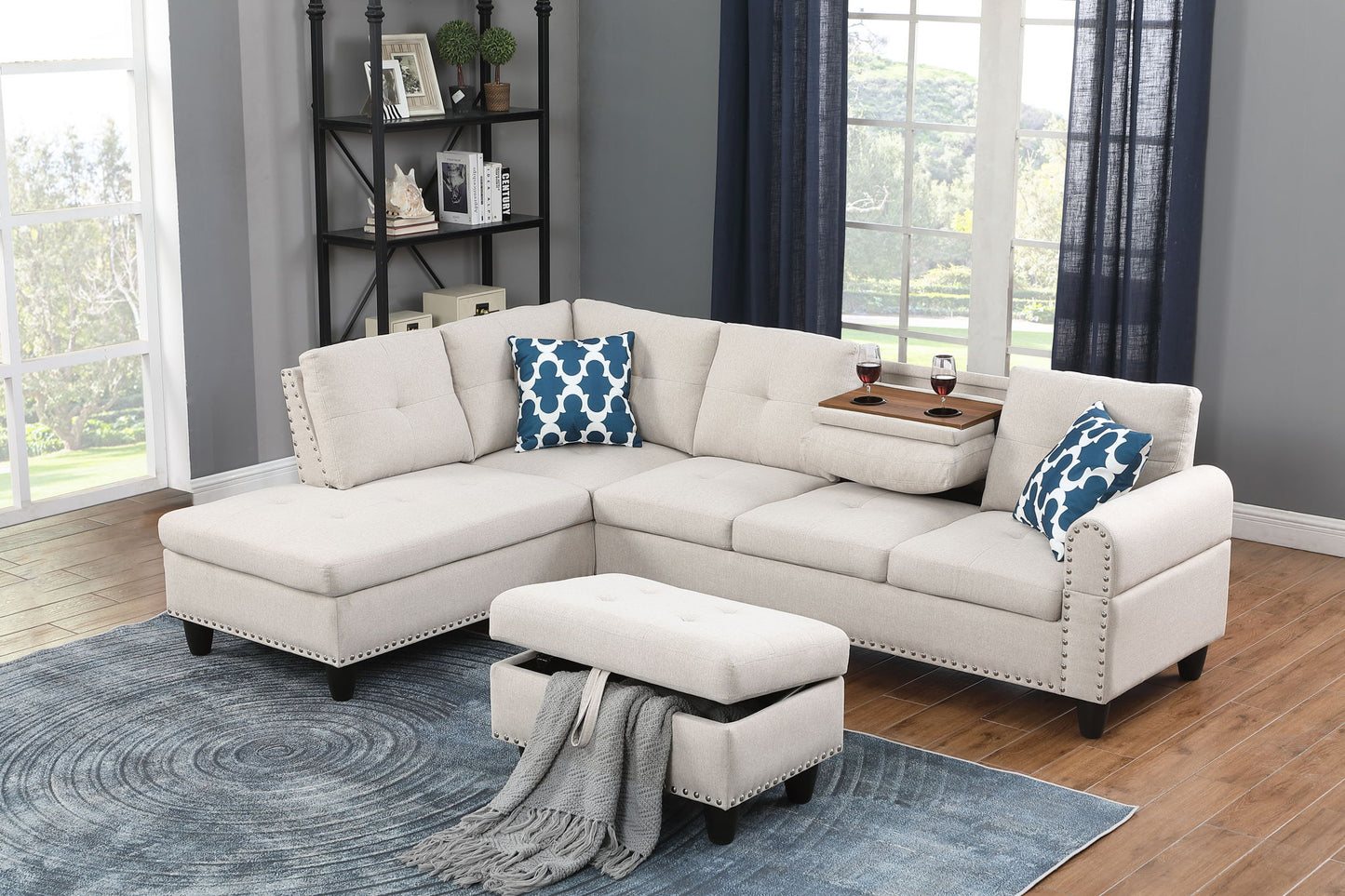 Alger - Wide Left Hand Facing Sofa & Chaise With Ottoman - Beige
