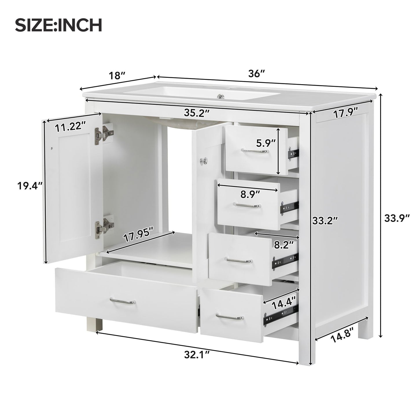 Bathroom Vanity With Ceramic Sink Combo, Abundant Storage Cabinet 2 Soft Close Doors And 5 Drawers