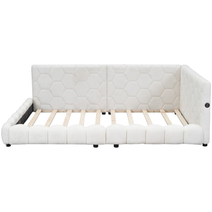 Upholstered Full Size Platform Bed With LED Belt And USB Ports - White