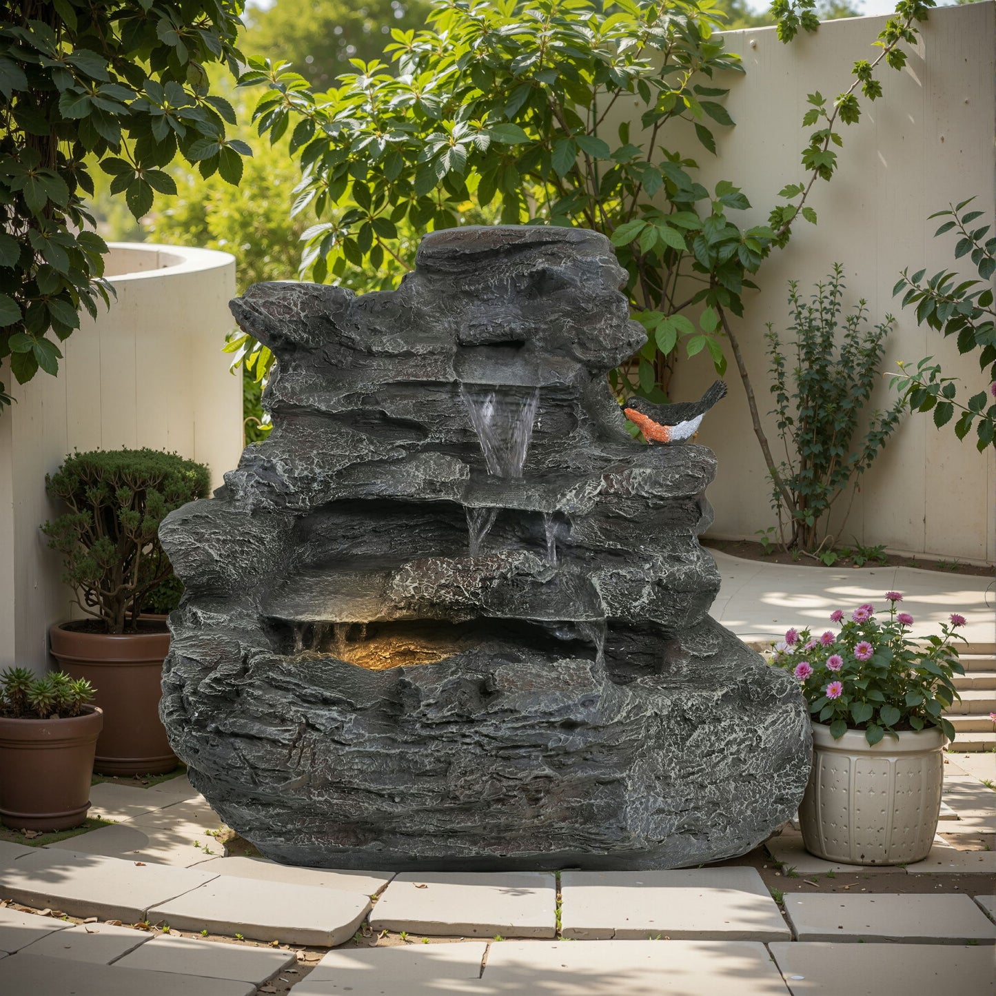 Concrete Rock Waterfall Fountain With LED Lights, Outdoor Garden Decor