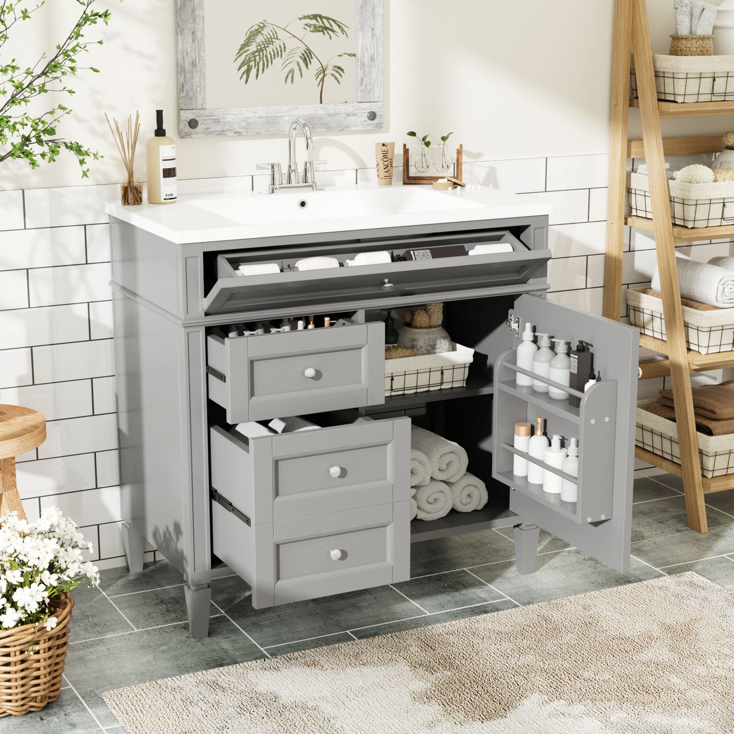 Bathroom Vanity With Top Sink, 2 Drawers And Tip Out Drawer, Rectangular Design