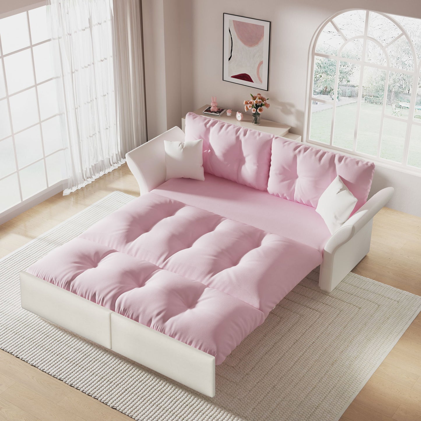 Queen Pull Out, 3 In 1 Convertible Sleeper Tufted Sofa & 2 Soft Pillows